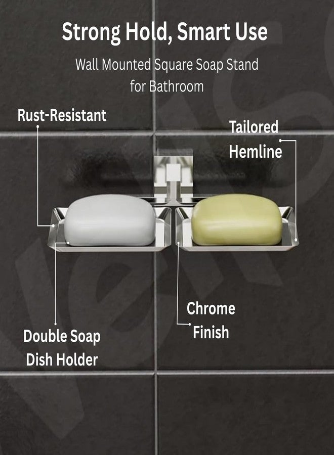 Well Set Stainless Steel Double Soap Dish Holder | Wall Mounted Chrome Finish Square Soap Stand for Bathroom & Kitchen | Rust-Resistant Bathroom Accessory for Home Use - Image 2